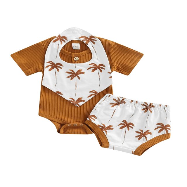 Infant Baby Boys Girsl 3Pcs Summer Clothes Ribbed Short Sleeve Romper + Tree Shorts + Snap Triangle Bibs Blue 0-3 Months