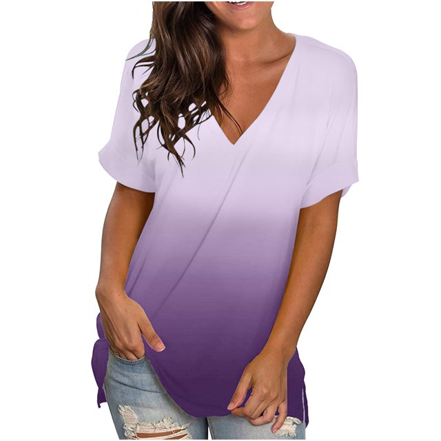 Blouse Mode Femme à Imprimé Dégradé Col en V Manches Courtes T-Shirt Ample