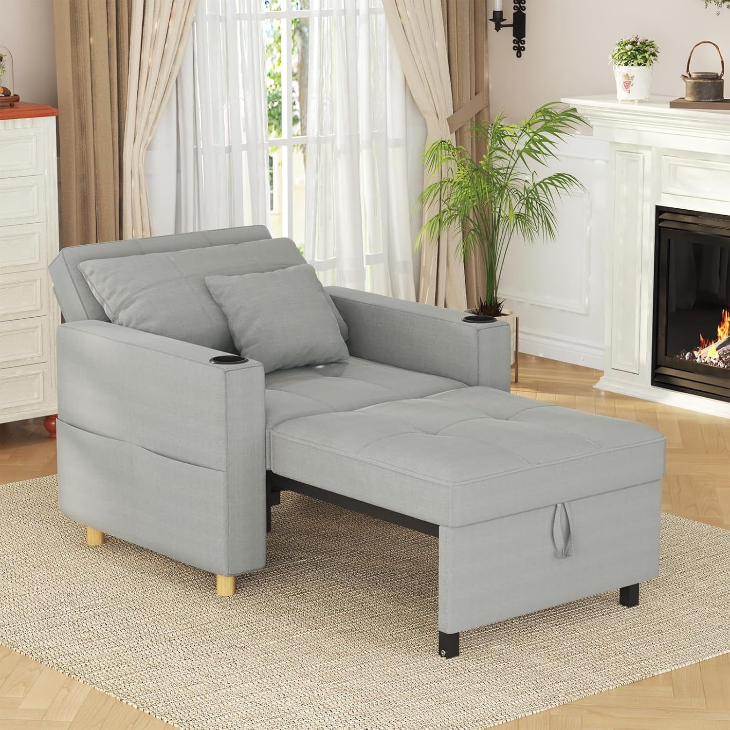 AECOJOY Fauteuil-Lit Convertible 3-en-1 et Canapé-Lit Futon avec Dossier Réglable et 2 Oreillers - Gris Pâle
