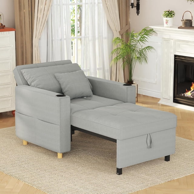 AECOJOY Fauteuil Convertible 3 en 1: Canapé-Lit et Futon avec Dossier Réglable et 2 Coussins - Gris Pâle