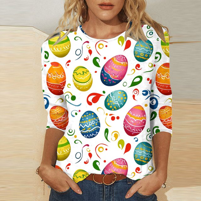 UPPADA Bunny T-Shirts de Pâques pour Femmes Lapin Oeuf Imprimé T-Shirts Manches 3/4 Col Rond T-Shirts d'Été Décontractés Mignons T-Shirts Graphiques Chandail Confortable Haut Vert,TG
