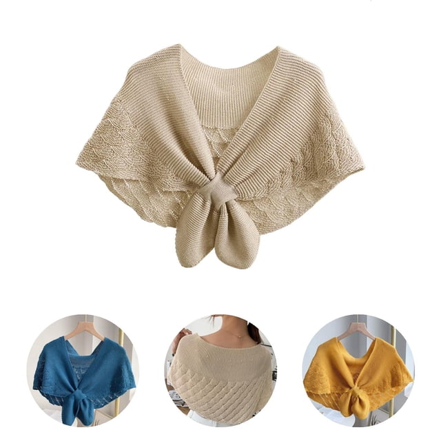 Women Shawl Short Solid Color Knitted Sunscreen Open Stitch Air Conditioner Shawl for Home Wear