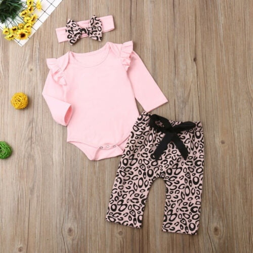 Newborn Baby Girls Clothes Set Pink Long Sleeve Ruffles Tops T-shirt+Leopard Prinetd Pants Headband Outfits Baby Girls Fall Set