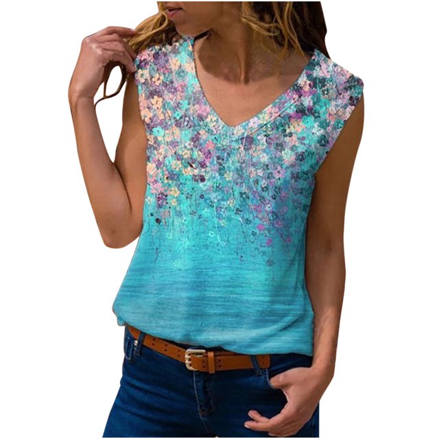 Leutsin Hauts pour Femmes Col en V Imprimé Sans Manches Gilet Blouse Hauts