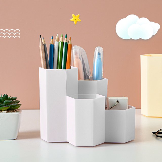 Multifunctional Organizer Desk Caddy with Compartments, Durable Plastic Office Accessory Tray for Pens Brushes, Portable Countertop Storage for Home Office Bathroom School Art Supplies, White
