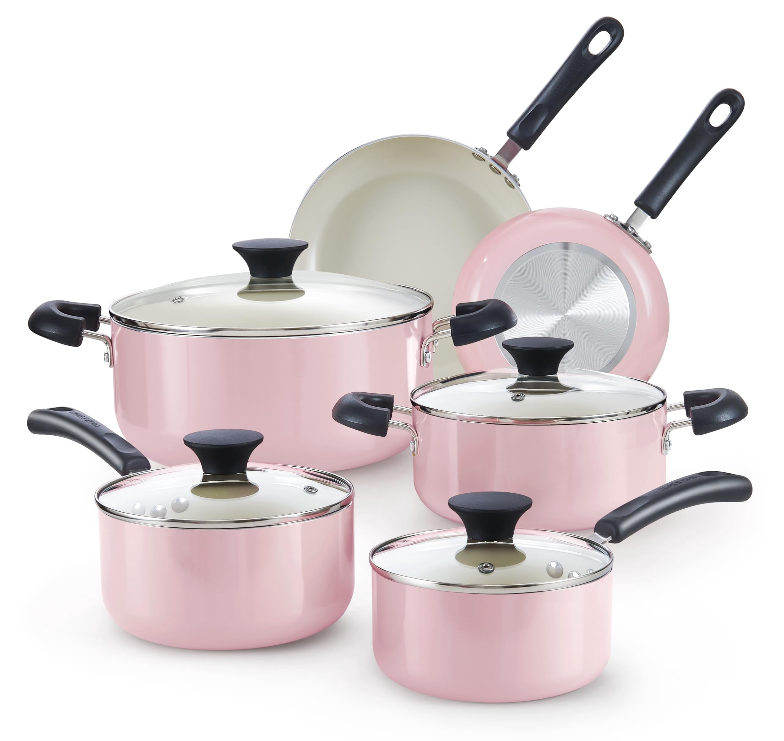 Cook N Home Basics Ceramic Nonstick Pots and Pans Cookware Set Dutch Ovens and Saucepans with Glass Lid Frying Pans without Lid Not Induction 10-Piece Pink