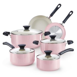 Cook N Home Bases Pots et casseroles en céramique Assortiment de cuisine Fours et poêles hollandais avec poêles à limace en verre sans couvercle 10-Piece rose