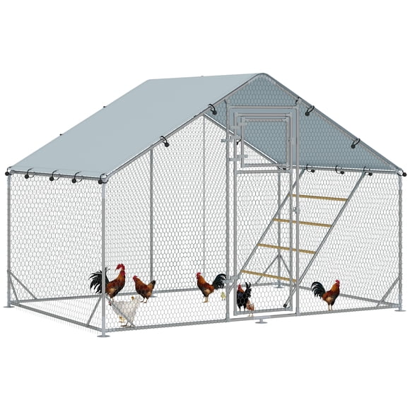PawHut Enclos pour Poules, Grand Poulailler en Métal avec Housse pour 6-8 Poules