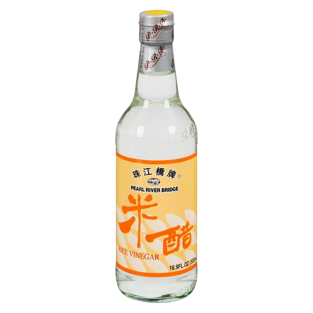 Pearl River Bridge Rice Vinegar 500 mL clear glass bottle with orange label featuring Chinese characters and brand name, sealed with a white cap, suitable for seasoning, dipping, sushi, salad dressings, and pickling in Asian cooking.