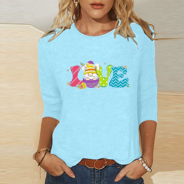Xihbxyly Hauts Décontractés pour Femmes T-shirt à Col Rond Imprimé de Pâques à Manches 3/4 T-shirt à Col Rond Chandail à Enfiler Tendance à Petit Budget