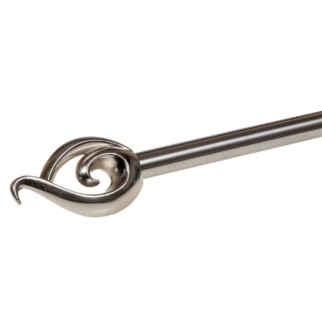 16/19Mm Metal Drape Pole Set (Orifice - Nickel) (66-120) showing a close-up of the nickel-finished metal curtain rod with a decorative orifice finial in a smooth spiral design, ideal for window and door drapery hardware in living or bedroom spaces.