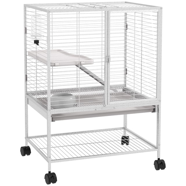 PawHut 2-Tier Ferret Cage Rolling Small Animal Cage in light grey, featuring a steel wire and pipe construction with two levels connected by a plastic ramp. Includes a removable tray, water bottle, food bowl, and bottom shelf for storage. The cage has two doors for easy access and rolls on four wheels, two with brakes, for portability. Suitable for small animals like ferrets, squirrels, and chinchillas.