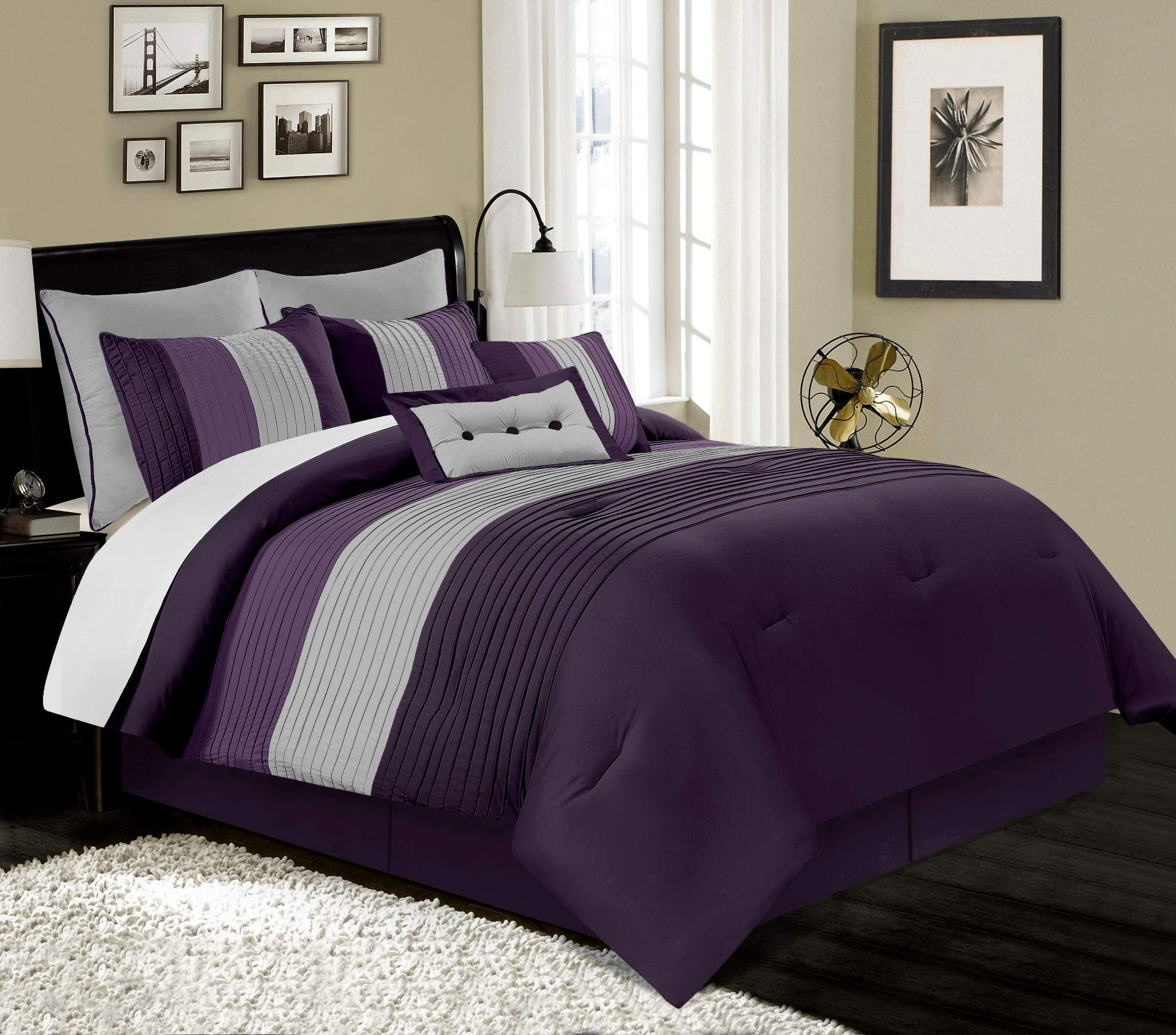 Chezmoi Collection Loft 8-Piece Luxury Striped Comforter Set (Queen, Purple/Gray/Lavender)