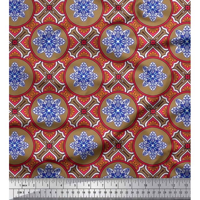 Soimoi Polyester Crepe Fabric Floral Mandala Print Sewing Fabric Yard 52 Inch Wide