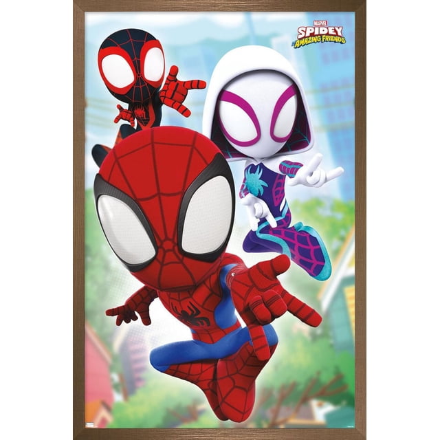 Marvel Spidey and His Amazing Friends - Affiche Murale de Toiles, 22,375 Po x 34 Po Représentant Trois Personnages Animés de Spider-Man dans des poses Dynamiques de Lance-Toiles avec un Arrière-Plan de Paysage Urbain Flou, Imprimée sur Papier d'Affiche Lustré et Encadrée en Bois Brun, art Mural Parfait pour Chambres et Salles de Jeux.