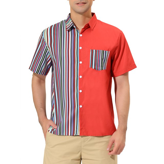 INSPIRE CHIC Men's Shirts Short Sleeve Summer Cotton Patchwork Button Down Shirts 2XL Red Purple