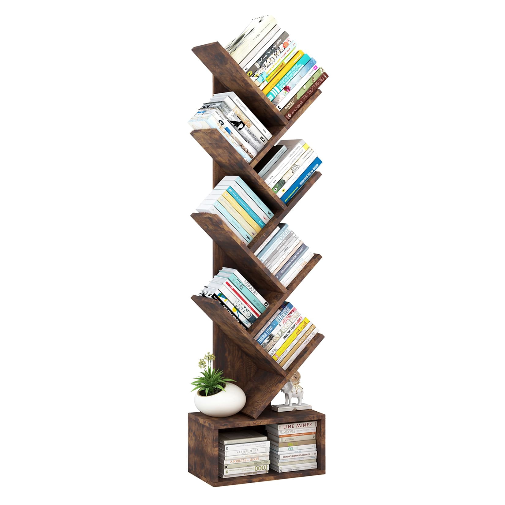 2025 New Tree Bookshelf with Storage, 8 Tier Wooden Tall Book Shelf, Floor Standing Bookcase for Kids and Adults, Utility Organizer Shelves for Living Room, Bedroom, Home Office