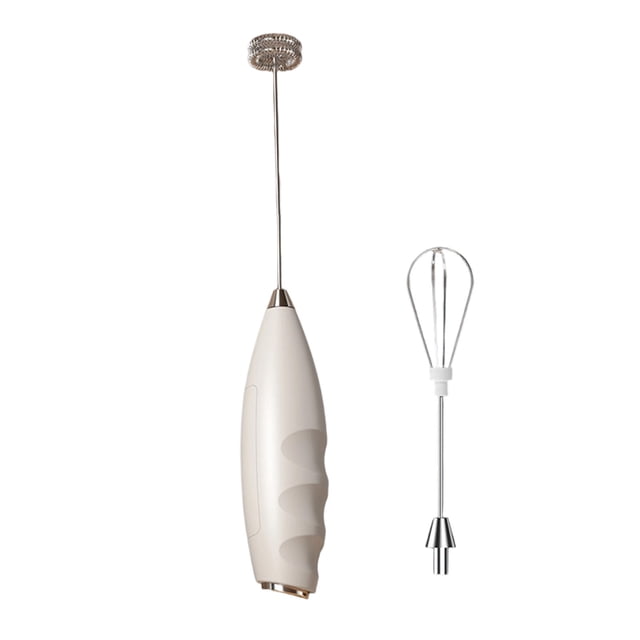 White Handheld Milk Frother And Egg Beater Kit With Stainless Steel And Two Heads For Kitchen Preparation