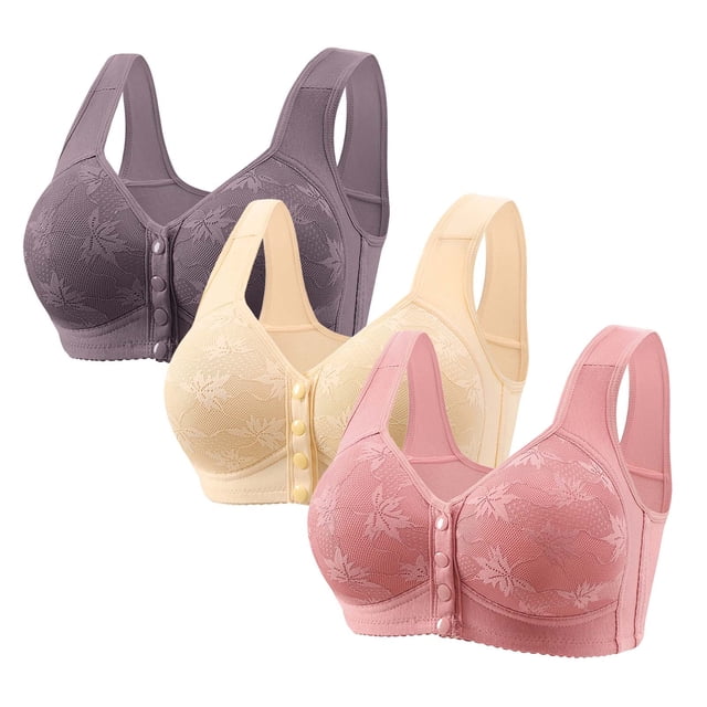 Cameland 3 Pack Bra for Women Bra for Seniors Front Closure Bras Wire-Free Front Button Closure Comfortable Bra