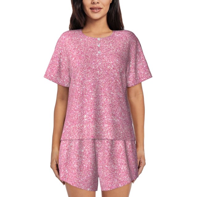 Vsdgher Pyjama pour Femmes à Paillettes Motif Rose, Ensemble de Sommeil 2 Pcs à Manches Courtes, Ensemble de Pyjama d'Été Doux, Ensembles de Détente Décontractés, 2 Pcs Pj-4X-Grand