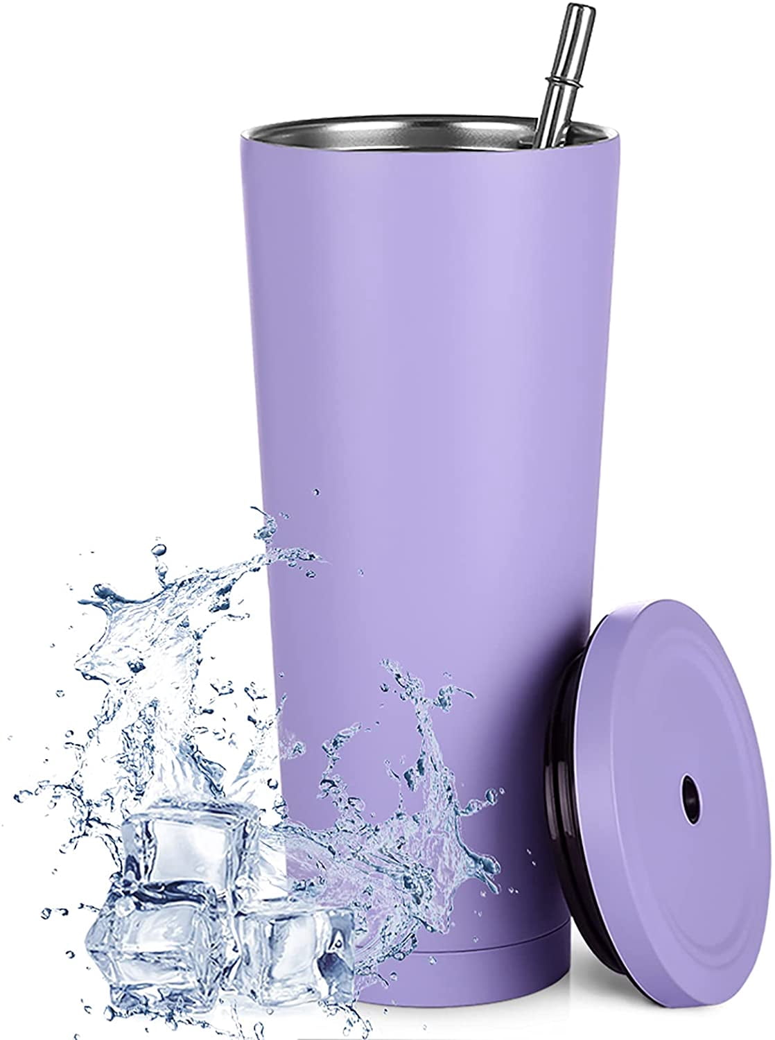 Gobelet en Acier Inoxydable avec Paille et Couvercle, Tasse Gobelet à Double Paroi Isolée sous Vide