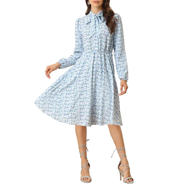 INSPIRE CHIC Robe Midi Ceinturée à Imprimé Floral Vintage en Mousseline à Manches Longues à Col Noué pour Femme TP Bleu Pâle