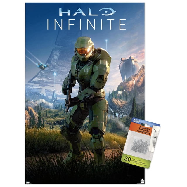 Halo Infinite - Primary Vertical Wall Poster, 22.375" x 34" featuring Master Chief in green armor holding a rifle in a front-facing pose against a detailed sci-fi landscape with futuristic structures and a blue sky, made by Trends International with a satin finish, suitable for decorating bedrooms, offices, or gaming rooms.
