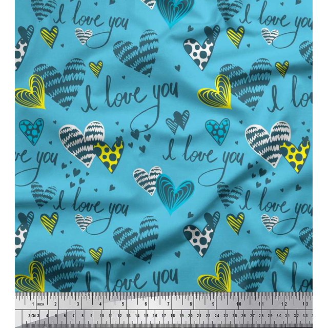 Soimoi Blue Poly Georgette Fabric Heart & I Love You Text Fabric Prints By Yard 52 Inch Wide