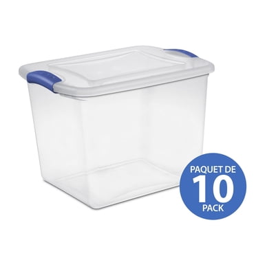 Sterilite Boîte à loquets de 26 litres, petite boîte de rangement en plastique transparent avec couvercle et loquet bleu - 10 Pk