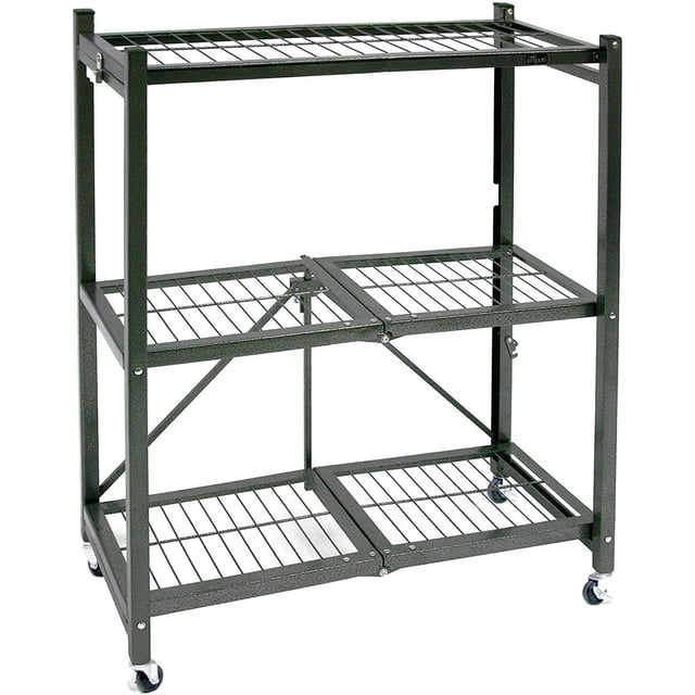 Origami R3 General Purpose Foldable 3-Tiered Shelf Storage Rack & Wheels in pewter, made of powder-coated steel with wire shelves for airflow. Includes four caster wheels, two with locking functionality, for easy mobility. Ideal for garage storage, office organization, or kitchen shelving. Holds up to 750 pounds without wheels and 225 pounds with wheels. Dimensions: 29 x 13 x 35.5 inches.