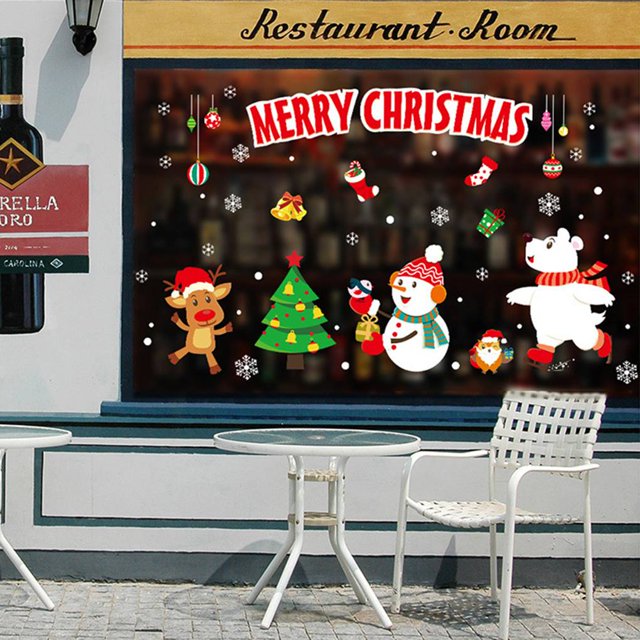 pitrice Christmas Wall Sticker Santa Claus Snowmen Wall Decal Waterproofing Window Shop Glass PVC Wall Tattoo