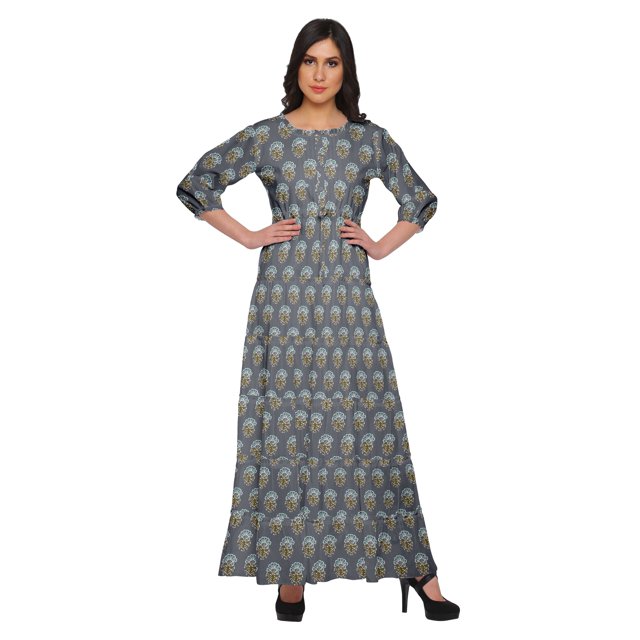 Moomaya Printed Round Neck 3/4 Sleeve Long Maxi Dress With Drawstring Waist