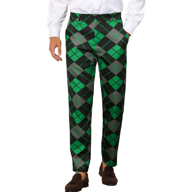INSPIRE CHIC Men's Pant Diamond Plaid Pattern Regular Fit Color Block Suit Trousers 36 Green Black
