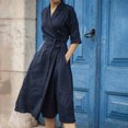 thumbnail image 2 of Pompotops Robe Décontractée de Mode pour Femme en Coton et Lin, Couleur Unie, Manches Mi-Longues, à Lacets, à Revers, en Solde, 2 of 7