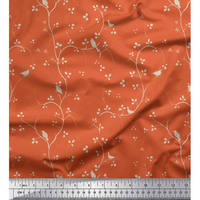 Soimoi Rayon Fabric Branches,Leaves & Bird Printed Fabric 1 Yard 56 Inch Wide
