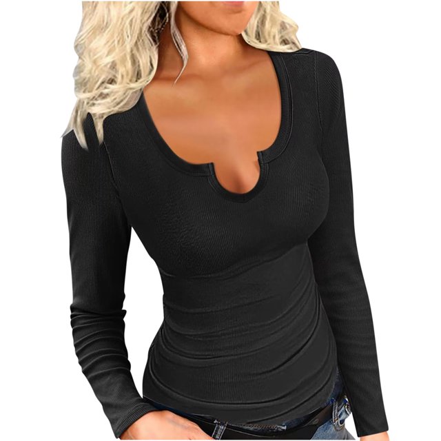 FAIWAD Womens V Neck Ribbed Knit Tops Long Sleeve Basic Slim Knit Top Stretch Casual Crop Tops