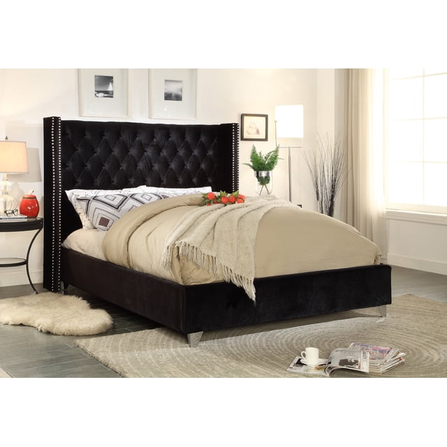 Lit en Tissu Velours Noir avec Tête de Lit à Clous Décoratifs - Grand Lit