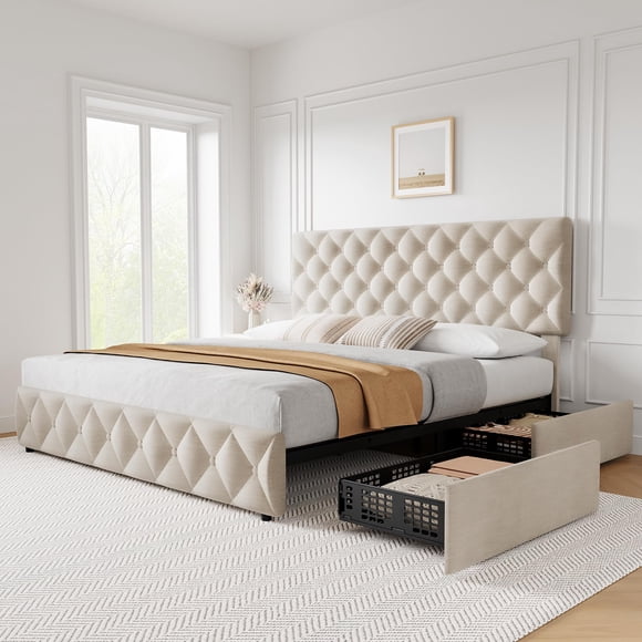 TROPOW Grand Cadre de Lit, avec 4 Tiroirs de Rangement et Tête de Lit Ajustable, Cadre de Lit Plateforme Rembourré en Lin, Capitonnage à Boutons à Surpiqûres en Losange, Aucun Sommier Requis, Blanc Cassé