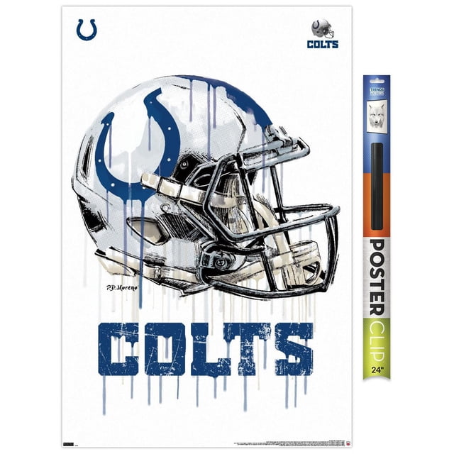NFL Indianapolis Colts - Affiche Murale Drip Helmet 20, 22,375 Pouces x 34 Pouces Mettant en Vedette une illustration Centrée et Orientée vers l'Avant d'Un Casque de football Blanc avec un logo de Fer à Cheval Bleu et un Masque Facial Noir, avec des Effets de Goutte de Peinture Bleue et des Lettres en Blocs Bleus Usés Épelant Colts en Dessous, Imprimée sur Papier d'Affiche Brillant avec Supports Adhésifs Inclus, Convient pour Décorer des Chambres, des Bureaux Ou des Dortoirs