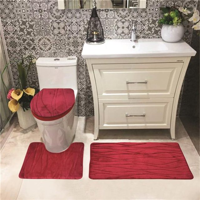 Kashi Home RS057005 Connie Bath Mat Set, Burgundy - 3 Piece