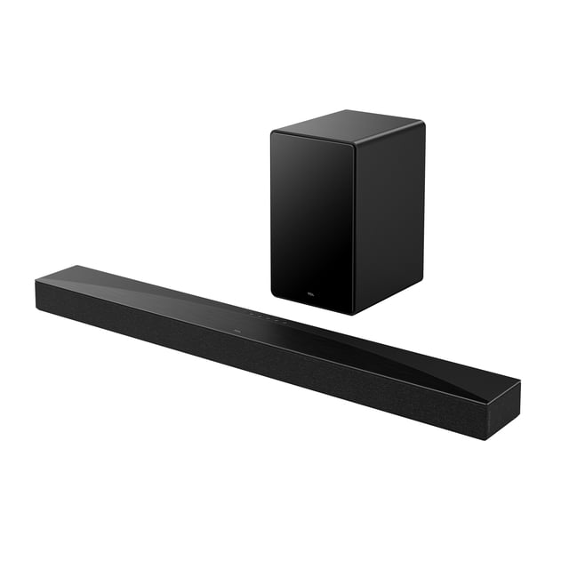 TCL Q65H Q Class 5.1 Channel Sound Bar with Dolby Atmos, DTS Virtual:X, and Bluetooth music streaming shown front-facing on white background, featuring a long black sound bar with brushed top and fabric front, paired with a compact black wireless subwoofer with matte finish, suitable for immersive home theatre audio and wireless music playback.