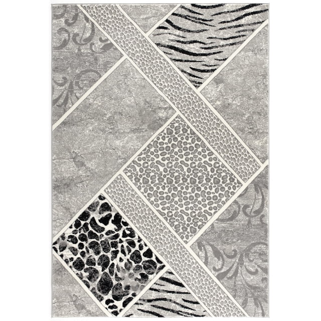 Rug Branch Tapis d'Entrée Géométrique Moderne avec Vue Frontale d'Un Tapis Rectangulaire Présentant un Motif Géométrique Moderne en Gris, Noir et Blanc. Il Comprend des Imprimés d'Animaux Zèbre et Léopard à l'Intérieur de Blocs Segmentés Séparés par des Bandes Texturées Ressemblant à de la Peau de reptile. Ce Tapis d'Accent Tissé à Plat Résistant aux Taches Convient aux Zones Intérieures Très Passantes comme les Entrées, les Couloirs et les Salons, et Est Facile à Entretenir.