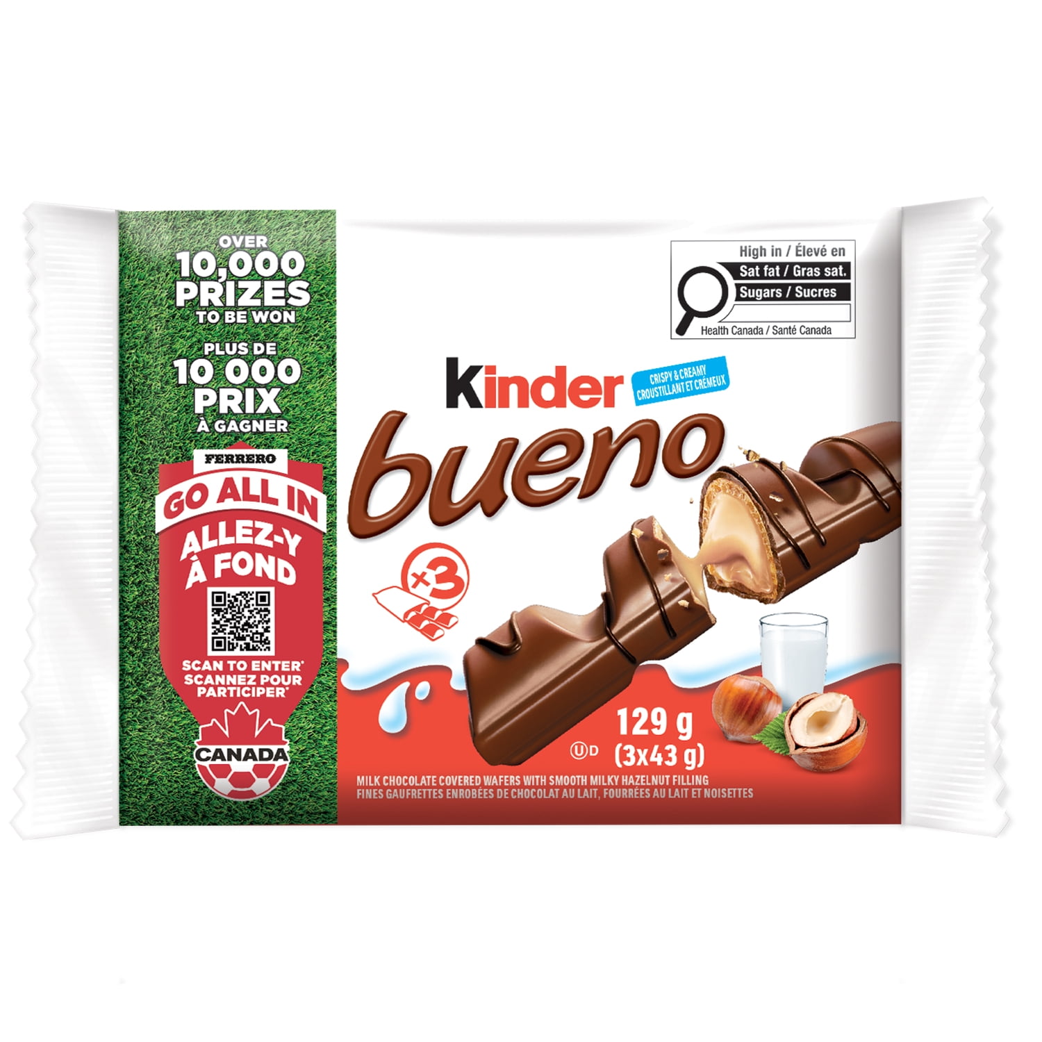 KINDER BUENO Milk Chocolate Covered Crispy Wafer Bars With Hazelnut Cream, 3 Packs Of 2 Individually Wrapped Wafer Bars Per Pack, 129 g