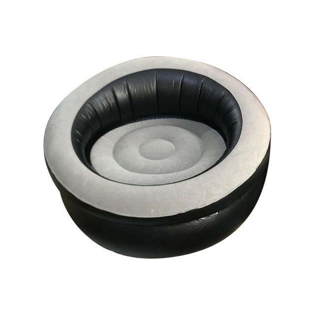 Outdoor Sofa Cushions Household Portable Folding Inflatable Sofa Recliner Inflatable Lazy Flocking Sofa Fool Outdoor Camping Sofa in grey color. Features a round ergonomic design with a concave cushion for 360-degree support. Made of durable PVC with a flocking finish, measuring 75x75x45cm. Ideal for portable seating, camping, and patio use.