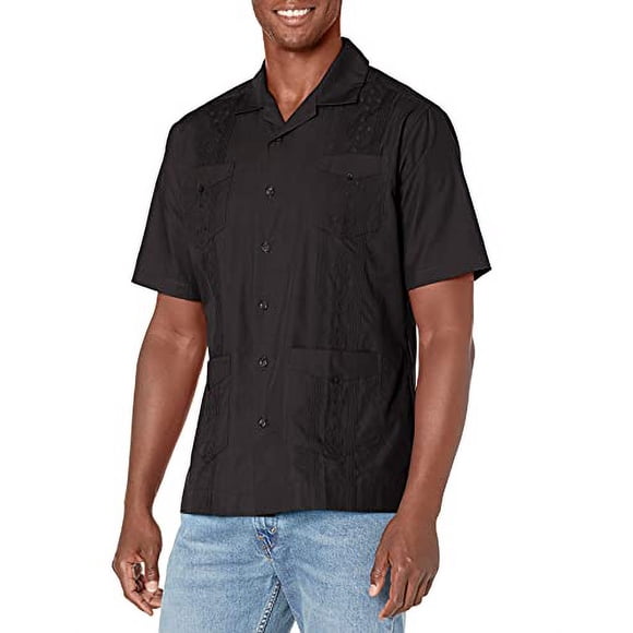 Cubavera Men's Short Sleeve Button Down Embroidered Guayabera Shirt with Camp Collar (Size Small - 5X Big & Tall), Black, 2X