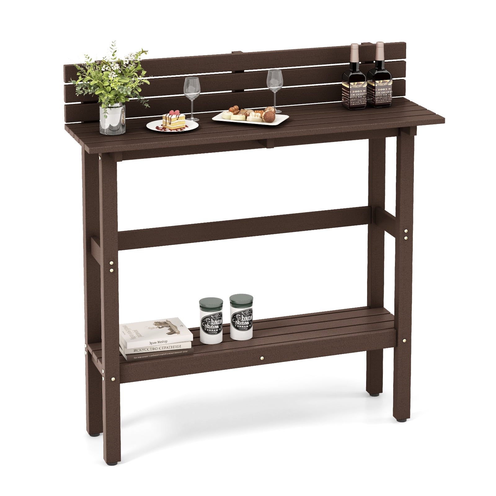 Costway Table de Bar d'Extérieur de 48 Pouces avec Tablette de Rangement et Patins de Pieds Ajustables pour Spa Brun
