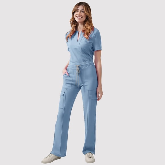Amzcrzy Scrubs for Women Set V Neck Short Sleeve Scrubs Tops for Women and Elastic Waist Drawstring Scrub Pants for Women Casual Comfy Solid Color Workwear with Pockets M