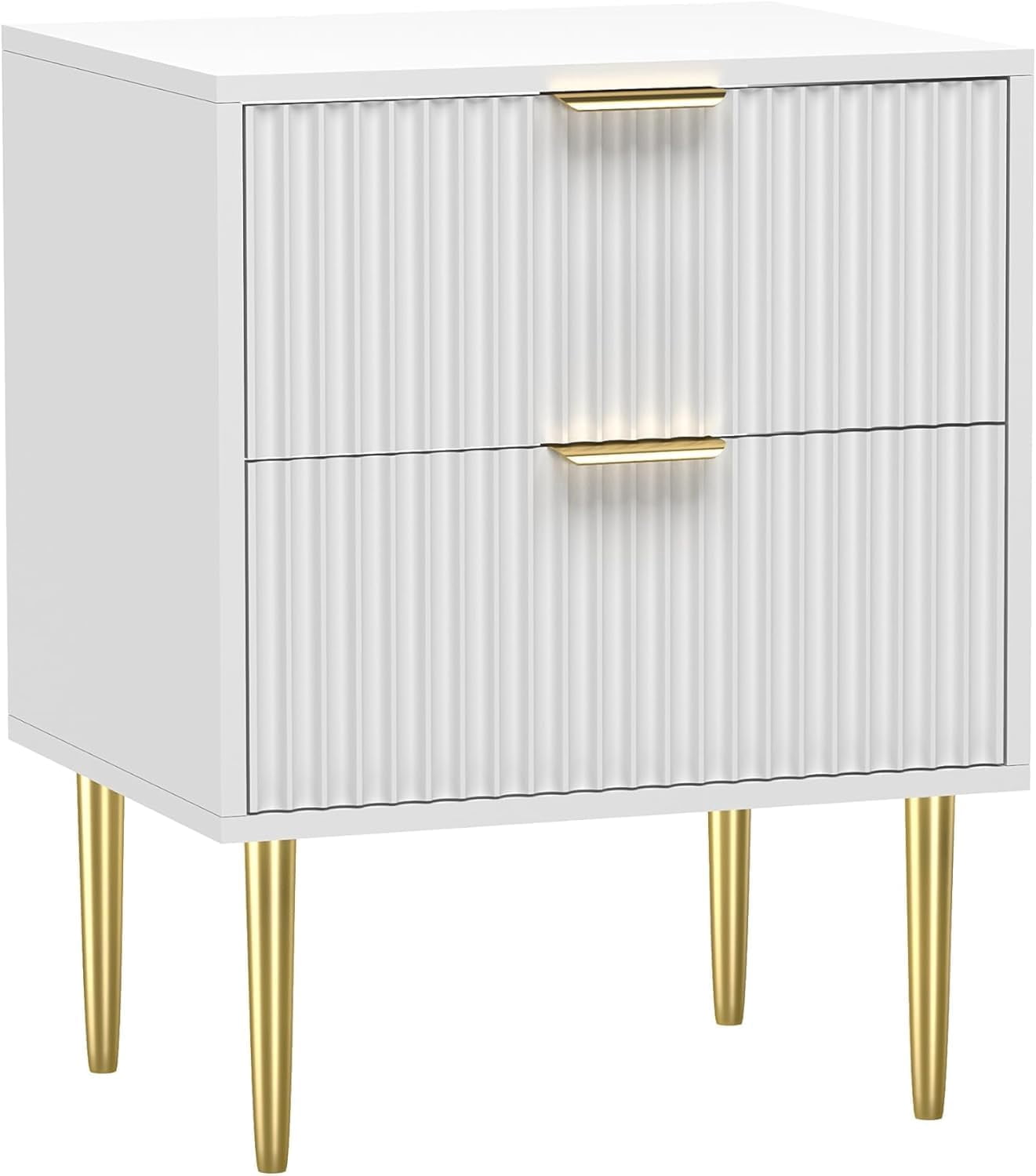 BeesClover Bedside Table, 40 x 30 x 56 cm Bedside Cabinet with 2 Drawers and Gold Legs, White Nightstand for Bedroom, Lounge, Small Side Table, Modern End Table