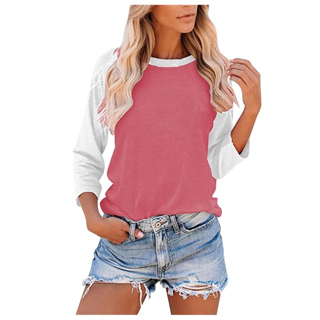 CEHVOM Ladies' O-Neck Casual Printed Color-Blocking Three-Quarter Sleeve Blouse