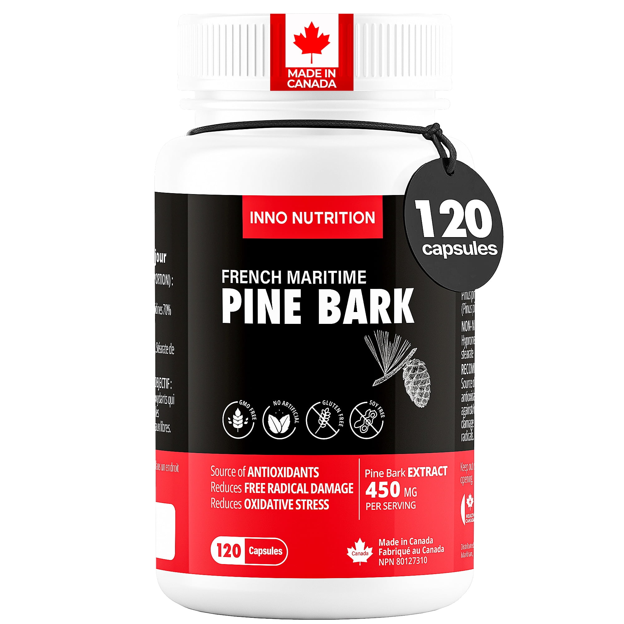 Inno Nutrition Pine Bark Extract 450mg - 120 Capsules | French Maritime Antioxidant Support for Heart, Circulation, Joint & Immune Health | Made in Canada